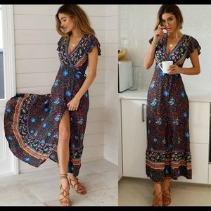 Bohemian Floral Tribal Print Maxi Ankle Dress ~ Beautiful Vivid Colors!